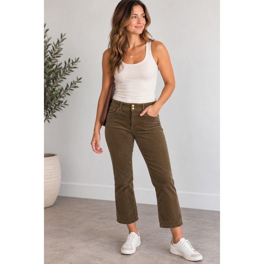 Cabi Jeans Women 18 Olive Brown Corduroy Hi-Low Crop Pants 4694 Stretch Trousers